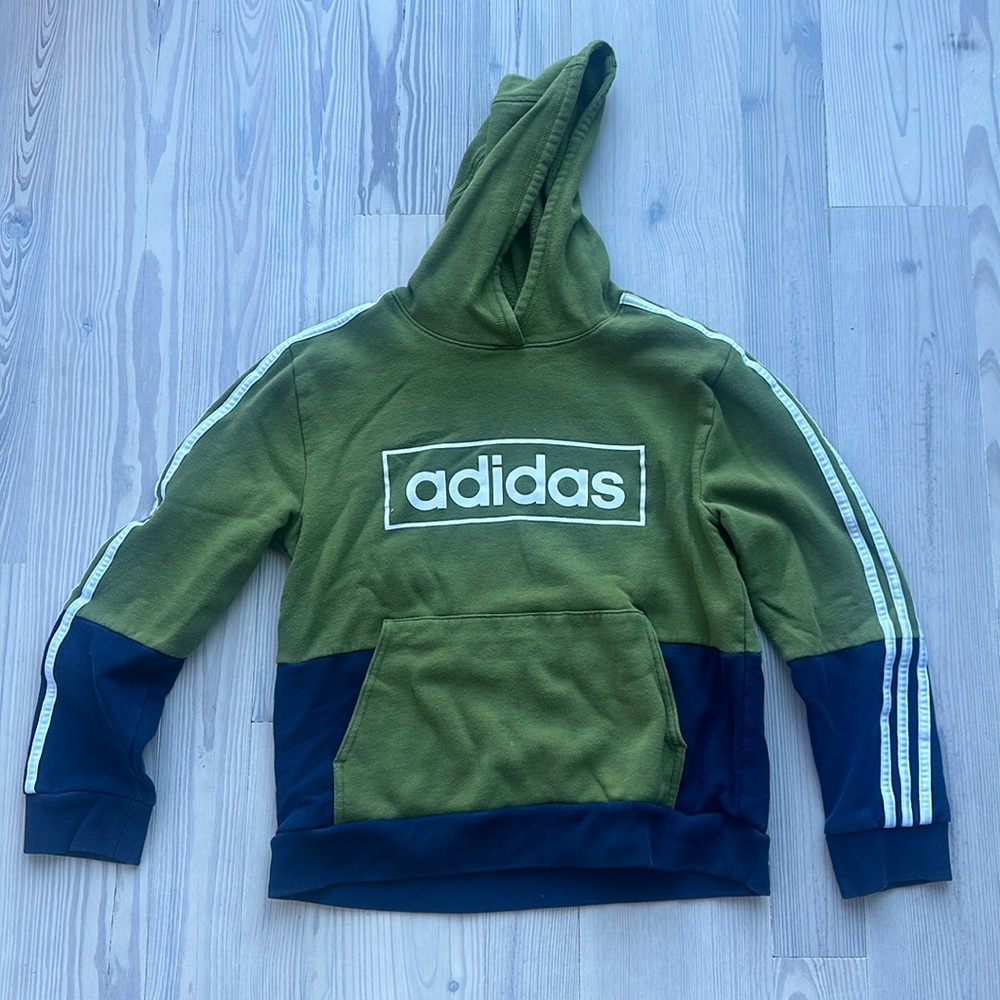 Adidas Kids - hoodie with logo and 3 stripes, green & navy. Kids size L 14/16